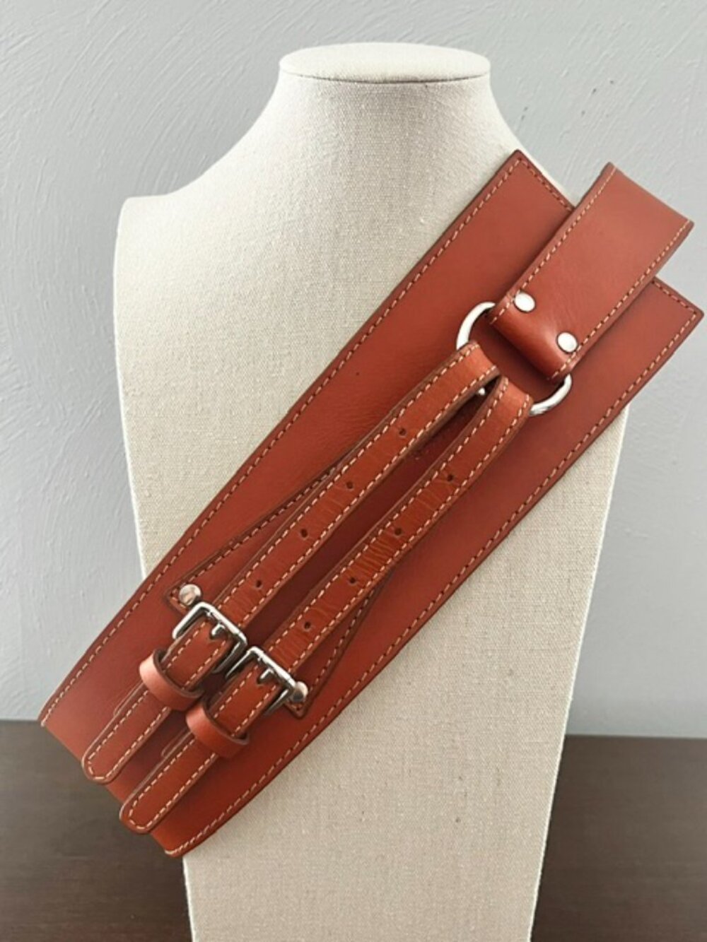 Statement Belt Brown Rust Leather Wide Waist Double Buckle Women Small Medium